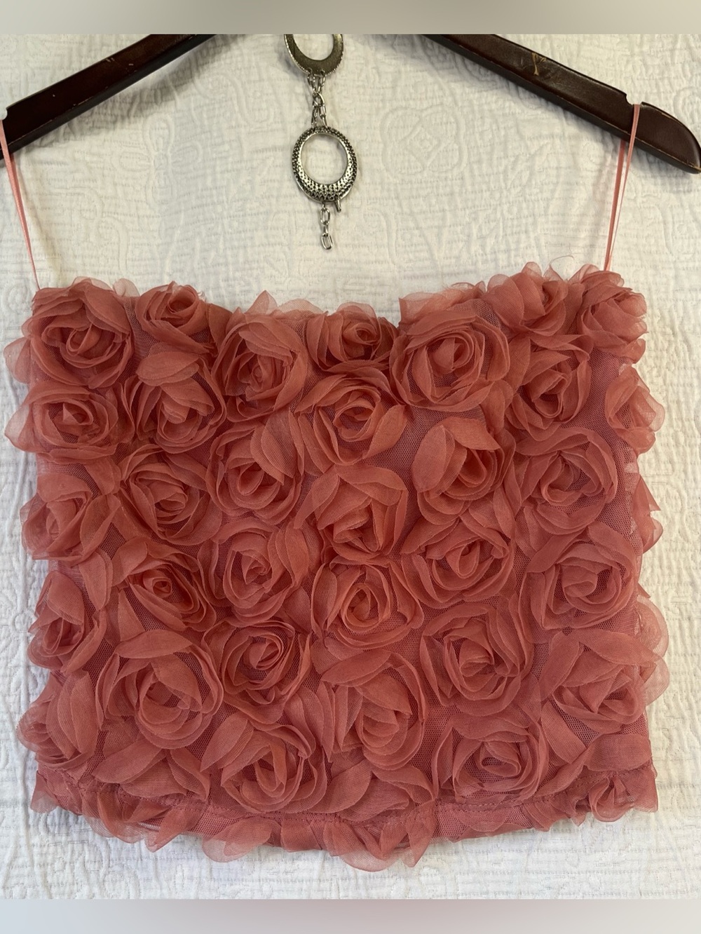 London Rose 3D Floral Tube Top Womens Large Strapless Textured Rose Bouquet Top